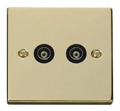 Polished Brass Twin Isolated Coaxial Socket - Black Trim