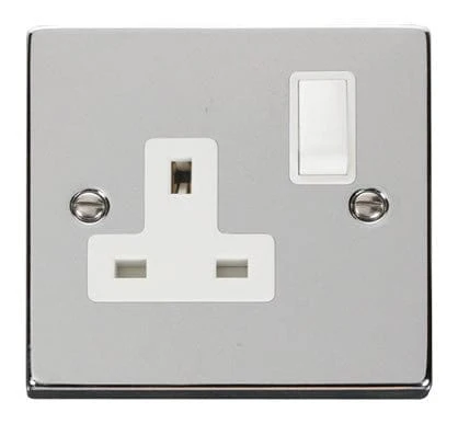 Polished Chrome 1 Gang 13A DP Switched Plug Socket - White Trim