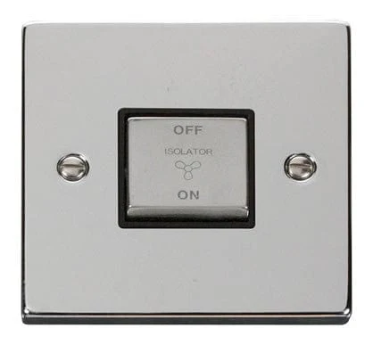 Polished Chrome 10A 1 Gang Ingot 3 Pole Fan Isolation Switch - Black Trim