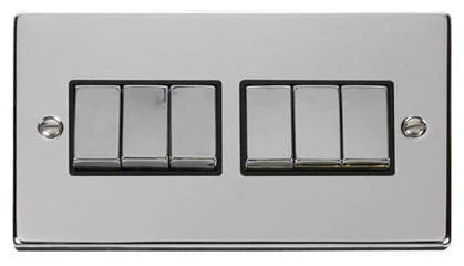 Polished Chrome 10A 6 Gang 2 Way Ingot Light Switch - Black Trim