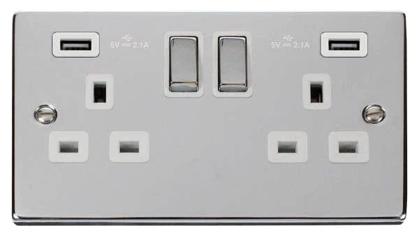Polished Chrome 2 Gang 13A DP Ingot 2 USB Twin Double Switched Plug Socket - White Trim