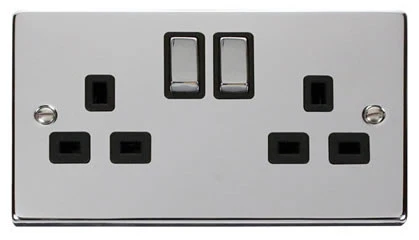 Polished Chrome 2 Gang 13A DP Ingot Twin Double Switched Plug Socket - Black Trim