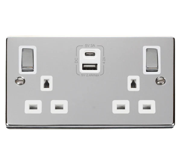 Polished Chrome 2 Gang 13A DP Ingot Type A & C USB Twin Double Switched Plug Socket - White Trim