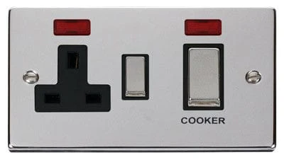 Polished Chrome Cooker Control Ingot 45A With 13A Switched Plug Socket & 2 Neons - Black Trim