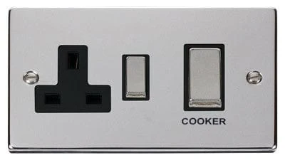 Polished Chrome Cooker Control Ingot 45A With 13A Switched Plug Socket - Black Trim