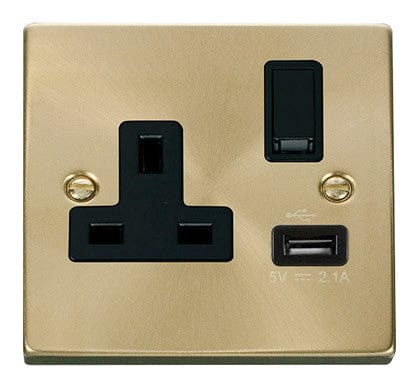 Satin Brass 1 Gang 13A DP 1 USB Switched Plug Socket - Black Trim