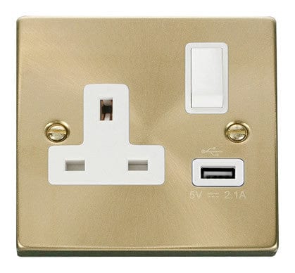 Satin Brass 1 Gang 13A DP 1 USB Switched Plug Socket - White Trim
