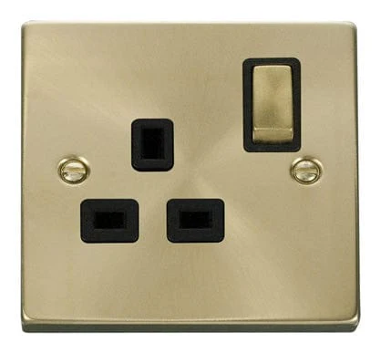 Satin Brass 1 Gang 13A DP Ingot Switched Plug Socket - Black Trim