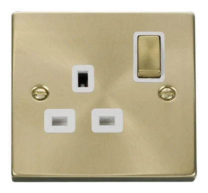 Satin Brass 1 Gang 13A DP Ingot Switched Plug Socket - White Trim