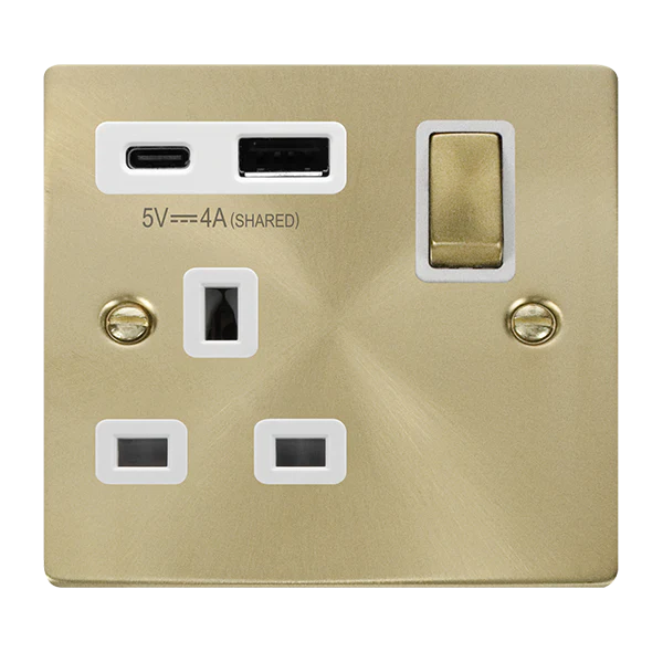 Satin Brass 1 Gang 13A DP Ingot With Type A & C USB Switched Plug Socket - White Trim