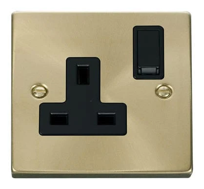 Satin Brass 1 Gang 13A DP Switched Plug Socket - Black Trim