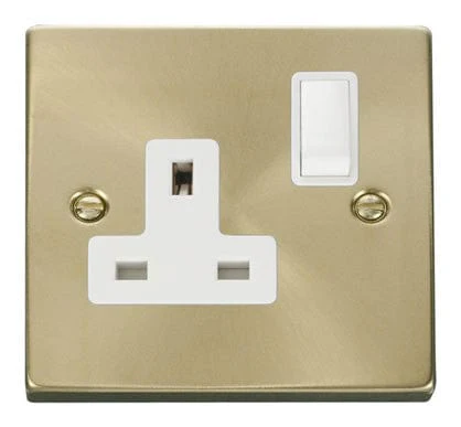 Satin Brass 1 Gang 13A DP Switched Plug Socket - White Trim