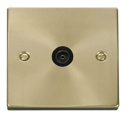 Satin Brass 1 Gang Single Coaxial TV Socket - Black Trim