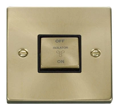 Satin Brass 10A 1 Gang Ingot 3 Pole Fan Isolation Switch - Black Trim