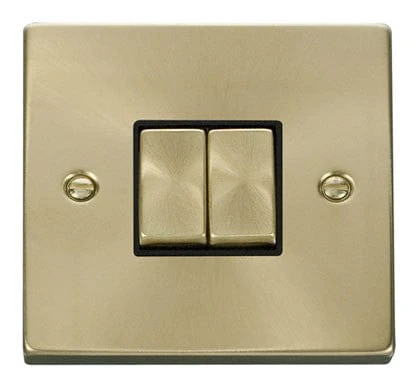 Satin Brass 10A 2 Gang 2 Way Ingot Light Switch - Black Trim