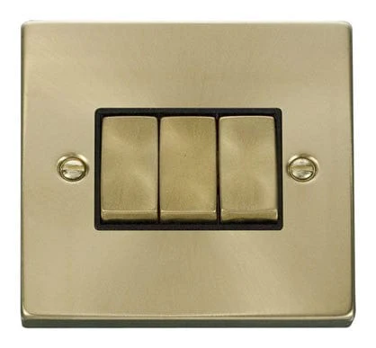 Satin Brass 10A 3 Gang 2 Way Ingot Light Switch - Black Trim