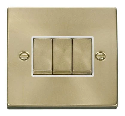 Satin Brass 10A 3 Gang 2 Way Ingot Light Switch - White Trim