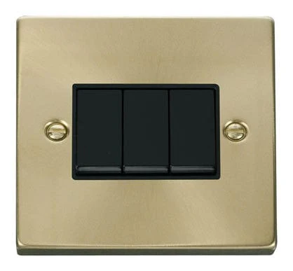 Satin Brass 10A 3 Gang 2 Way Light Switch - Black Trim