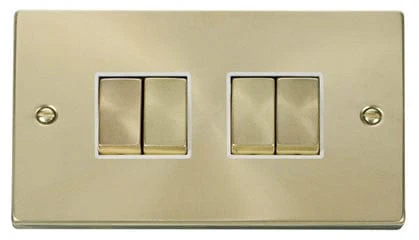 Satin Brass 10A 4 Gang 2 Way Ingot Light Switch - White Trim