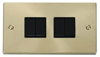 Satin Brass 10A 4 Gang 2 Way Light Switch - Black Trim