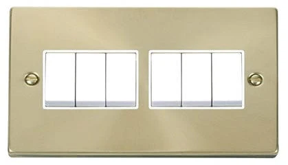 Satin Brass 10A 6 Gang 2 Way Light Switch - White Trim