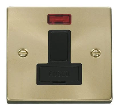 Satin Brass 13A Fused Connection Unit Switched With Neon - Black Trim