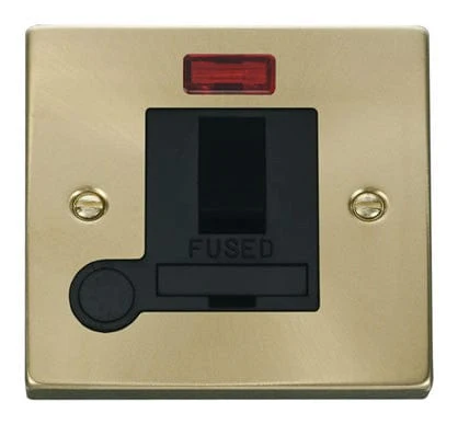 Satin Brass 13A Fused Connection Unit Switched With Neon With Flex - Black Trim