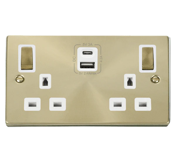 Satin Brass 2 Gang 13A DP Ingot Type A & C USB Twin Double Switched Plug Socket - White Trim