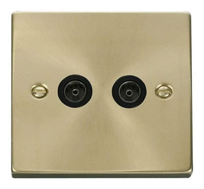 Satin Brass 2 Gang Twin Coaxial TV Socket - Black Trim