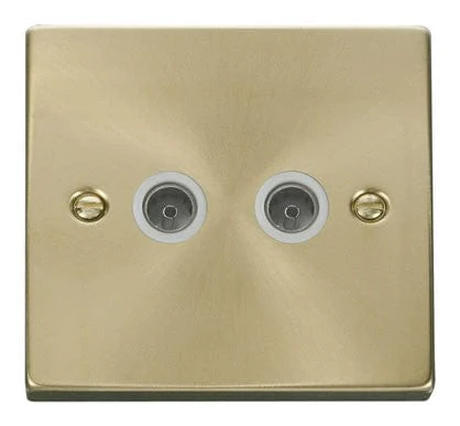 Satin Brass 2 Gang Twin Coaxial TV Socket - White Trim