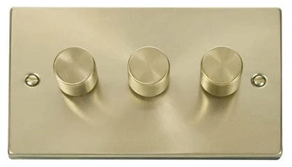 Satin Brass 3 Gang 2 Way LED 100W Trailing Edge Dimmer Light Switch