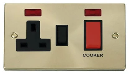 Satin Brass Cooker Control 45A With 13A Switched Plug Socket & 2 Neons - Black Trim