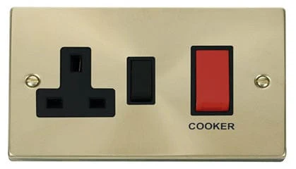 Satin Brass Cooker Control 45A With 13A Switched Plug Socket - Black Trim
