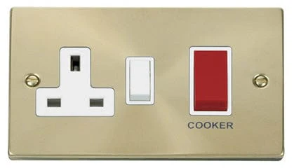 Satin Brass Cooker Control 45A With 13A Switched Plug Socket - White Trim