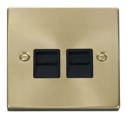 Satin Brass Master Telephone Twin Socket - Black Trim