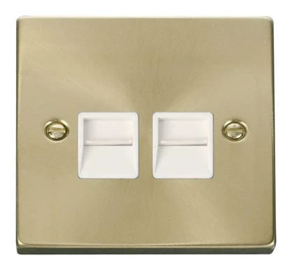 Satin Brass Master Telephone Twin Socket - White Trim