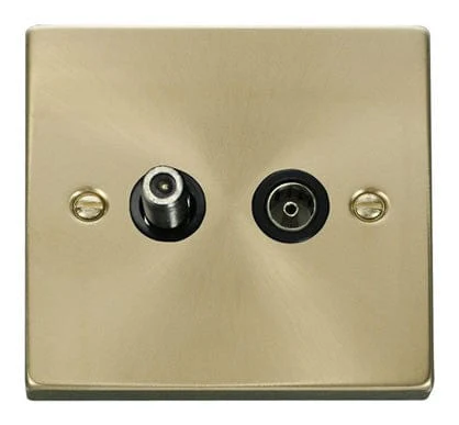 Satin Brass Satellite & Coaxial Socket 1 Gang - Black Trim