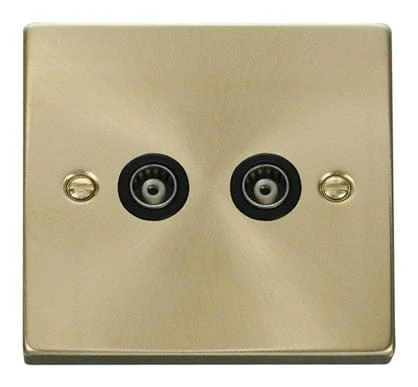 Satin Brass Twin Isolated Coaxial Socket - Black Trim