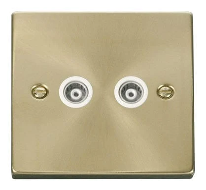 Satin Brass Twin Isolated Coaxial Socket - White Trim