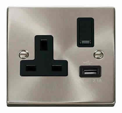 Satin Chrome 1 Gang 13A DP 1 USB Switched Plug Socket - Black Trim
