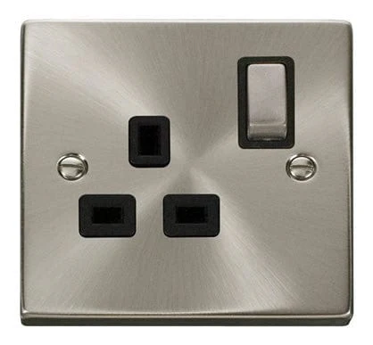 Satin Chrome 1 Gang 13A DP Ingot Switched Plug Socket - Black Trim