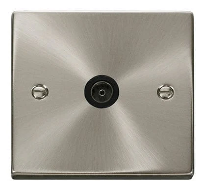 Satin Chrome 1 Gang Single Coaxial TV Socket - Black Trim