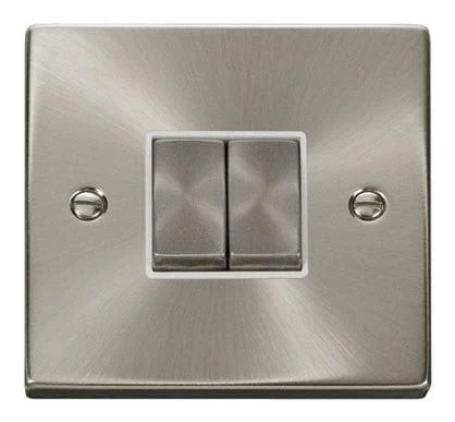 Satin Chrome 10A 2 Gang 2 Way Ingot Light Switch - White Trim