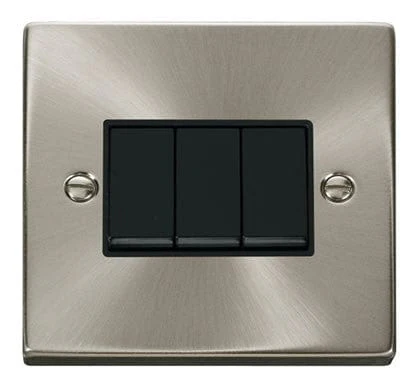 Satin Chrome 10A 3 Gang 2 Way Light Switch - Black Trim