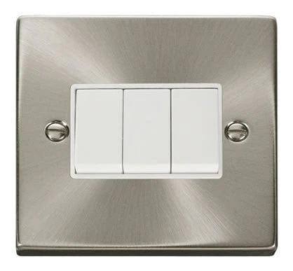Satin Chrome 10A 3 Gang 2 Way Light Switch - White Trim