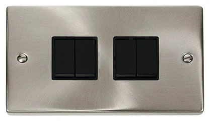 Satin Chrome 10A 4 Gang 2 Way Light Switch - Black Trim