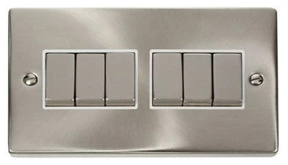 Satin Chrome 10A 6 Gang 2 Way Ingot Light Switch - White Trim