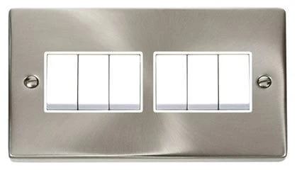 Satin Chrome 10A 6 Gang 2 Way Light Switch - White Trim