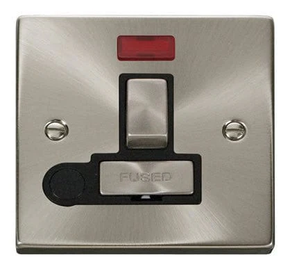 Satin Chrome 13A Fused Ingot Connection Unit Switched With Neon With Flex - Black Trim