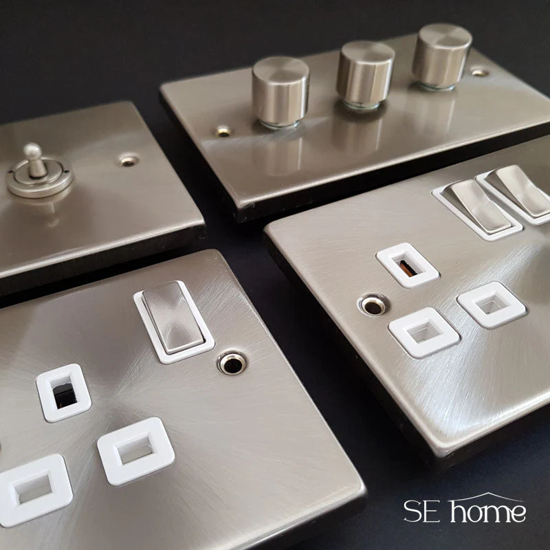 Satin Chrome 2 Gang 13A Twin Double Switched Plug Socket - White Trim - Image 2